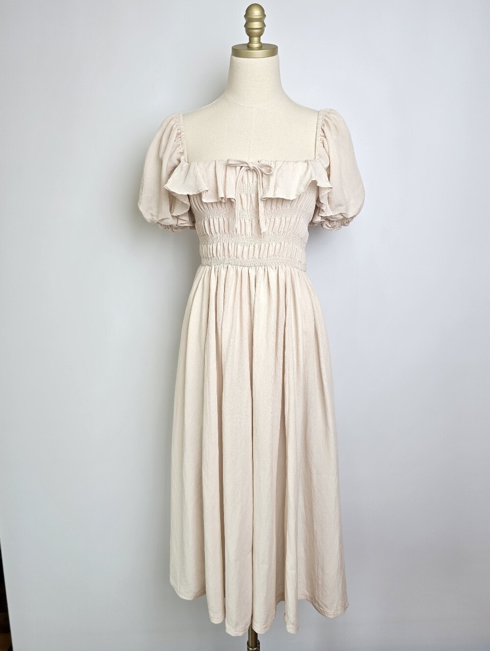 Mable Milkmaid Midi Dress Stretchy Smocked On/Off Shoulder Natural S NWOT